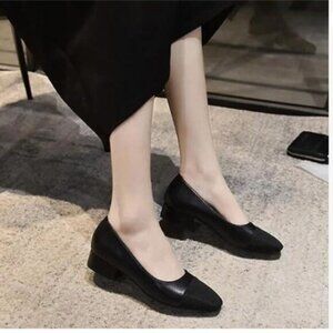 FOWT Black Low Block Heels Round Cap Toe Pumps Office Dress Shoes